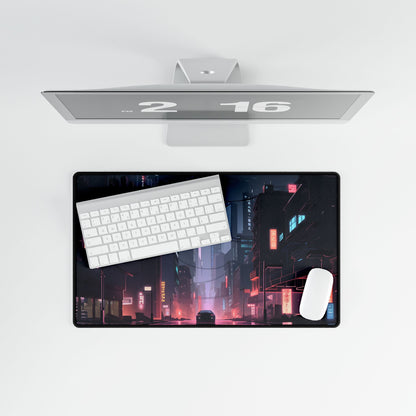 Cyberpunk Night: Melancholic Urban Landscape Artwork - Desk Mat