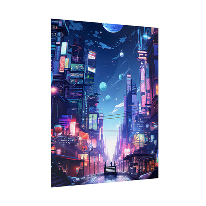 Melancholic Night in Cyberpunk City: Urban Landscape Art - Poster