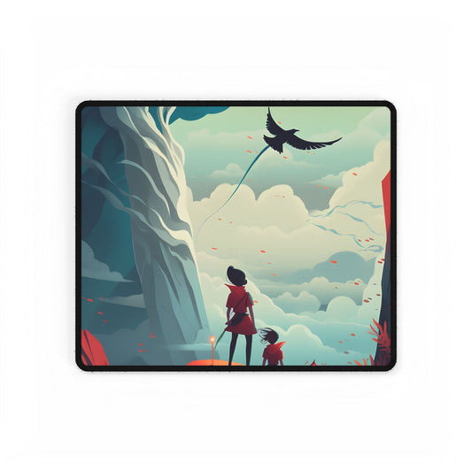 Girl and Boy: Serene Meadow Scene with Cloudy Sky - Desk Mat