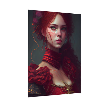 Vibrant Redhead Portrait: Female Artwork in Red Dress - Poster