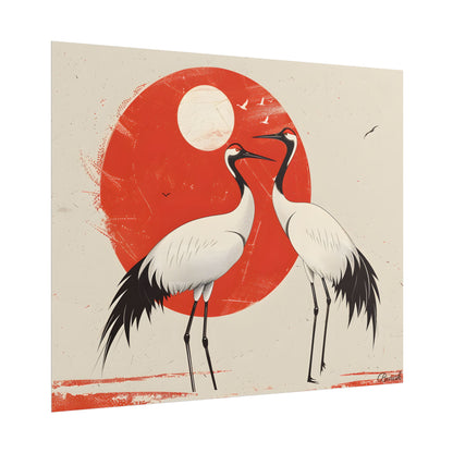 Serene Wildlife Sanctuary: Cranes in Red Nature Scene Art - Poster