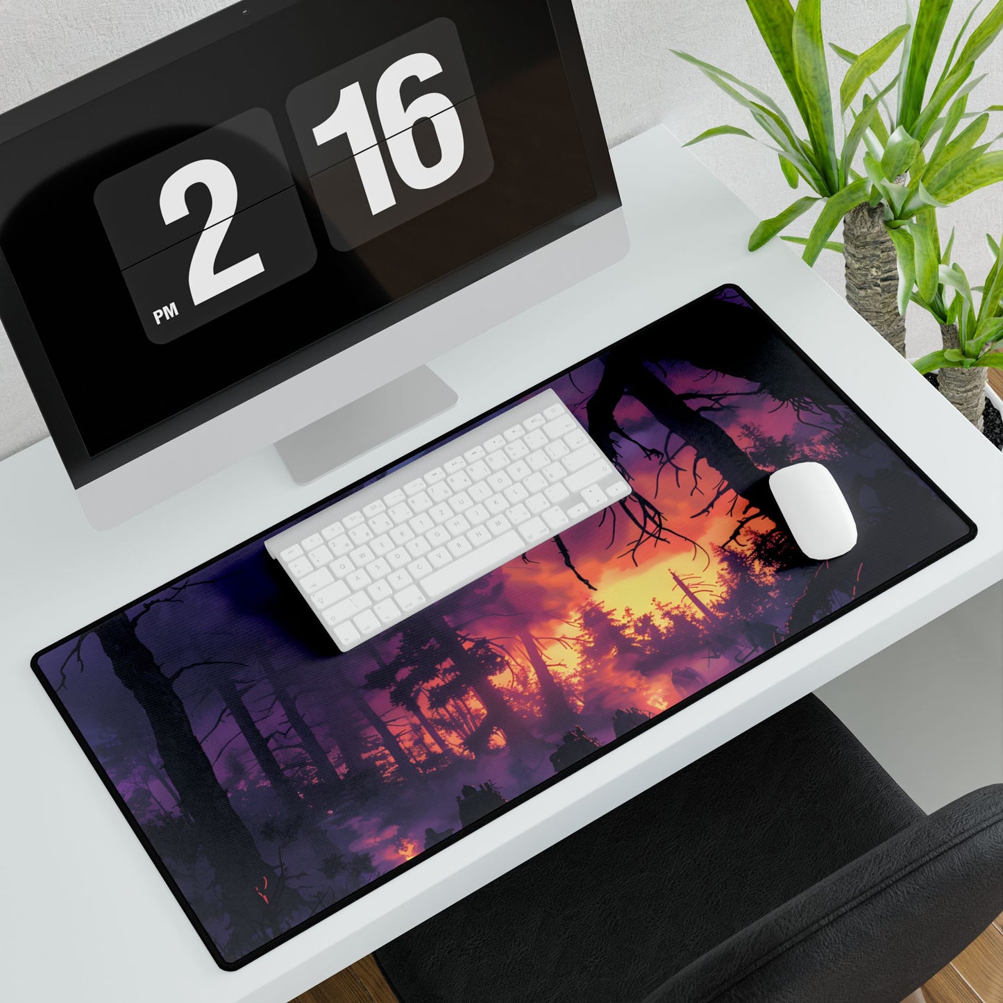 Misty Forest Sunset: Serene Hike Digital Art - Desk Mat