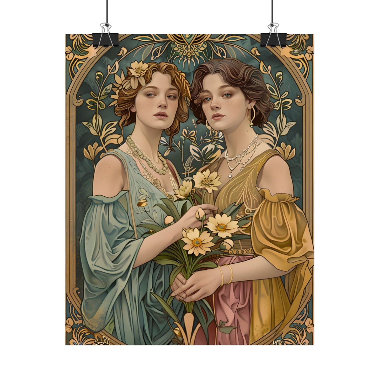 Two Women in Ornate Attire Holding Primr: Traditional Turkish Artwork - Poster