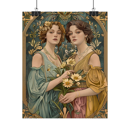 Two Women in Ornate Attire Holding Primr: Traditional Turkish Artwork - Poster