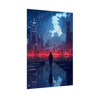 Cyberpunk Night Cityscape: A Melancholic Moment - Poster