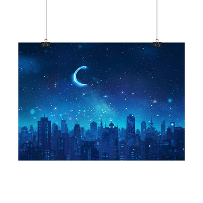 Peaceful Night Sky with Crescent Moon: Starry Digital Art - Poster