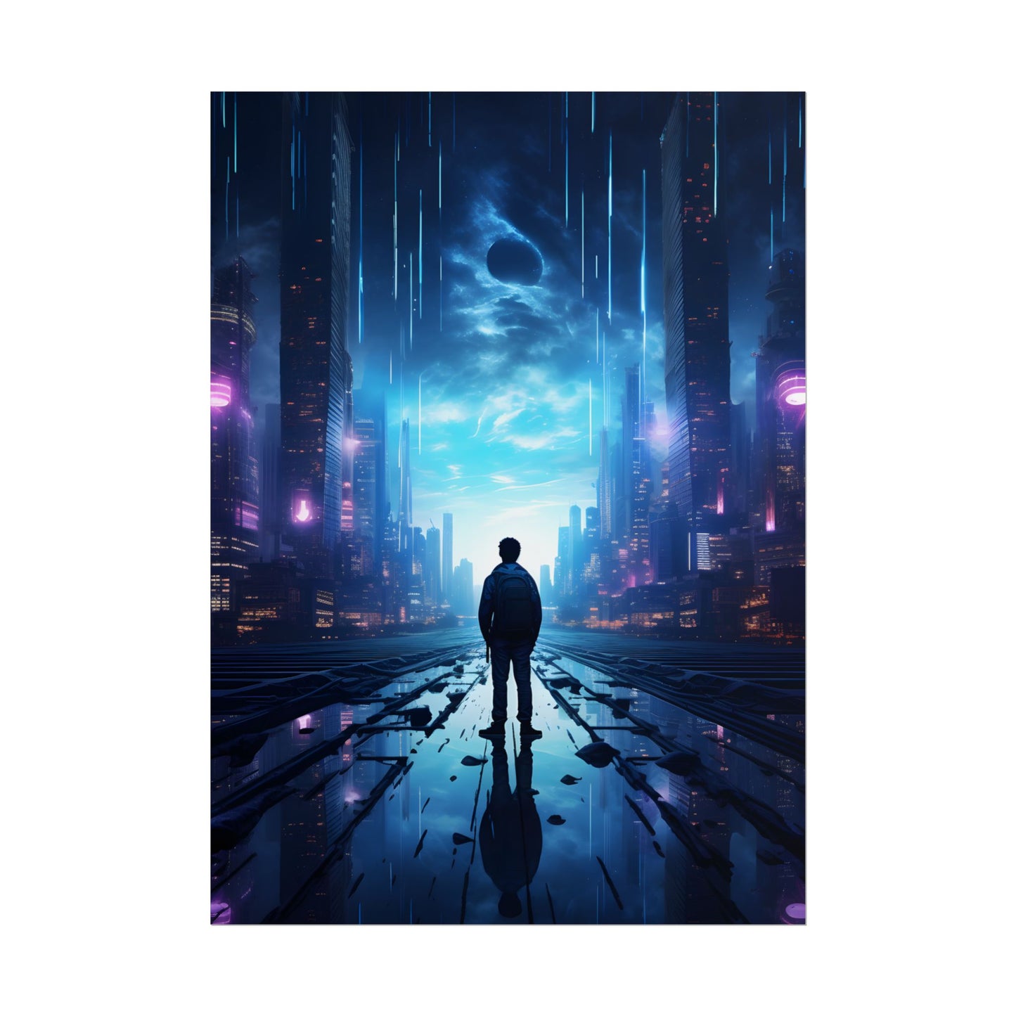 Cyberpunk Cityscape at Night: Melancholic Landscape Digital Art - Poster