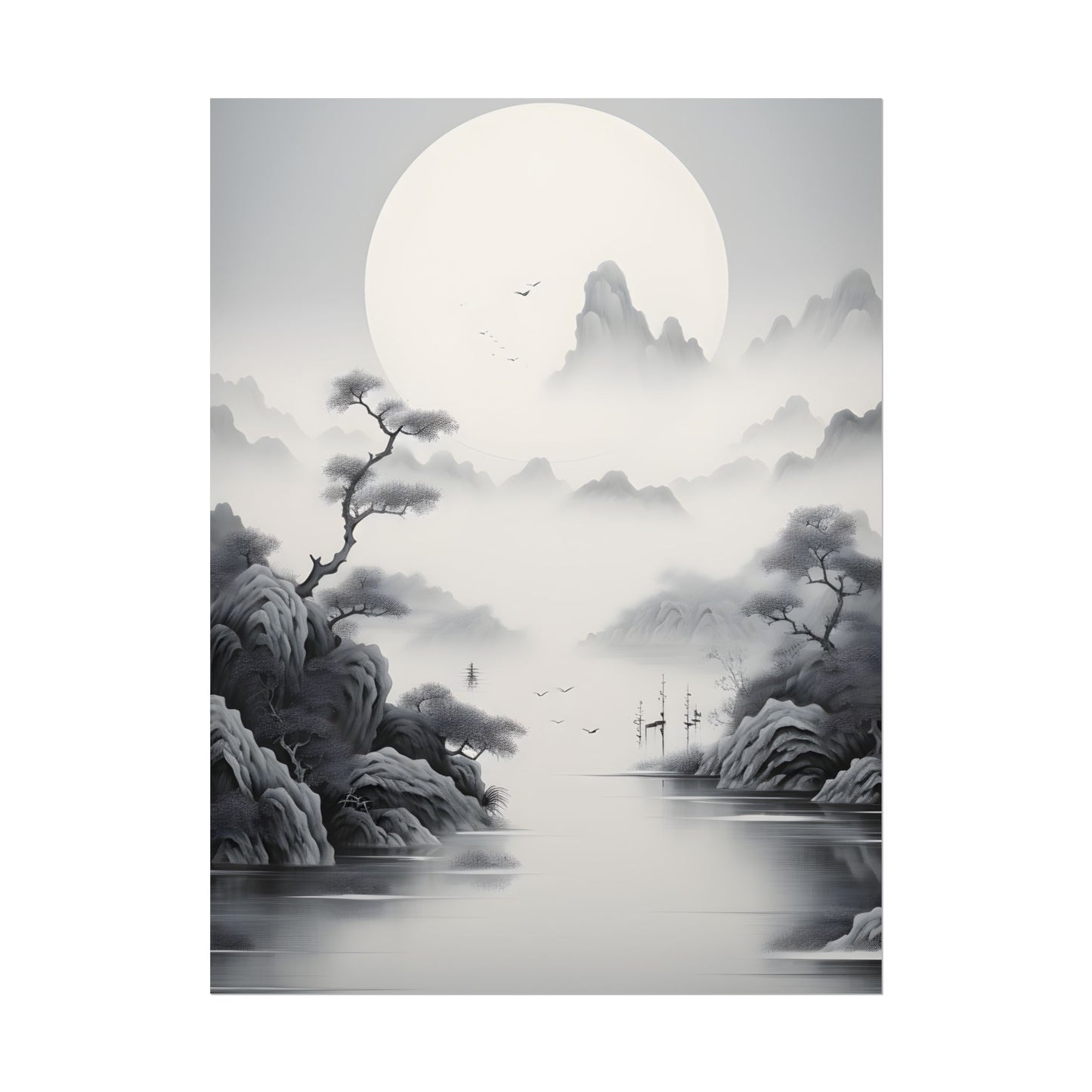 Chinese Ink Mirror Landscape: Serene Artwork - Poster