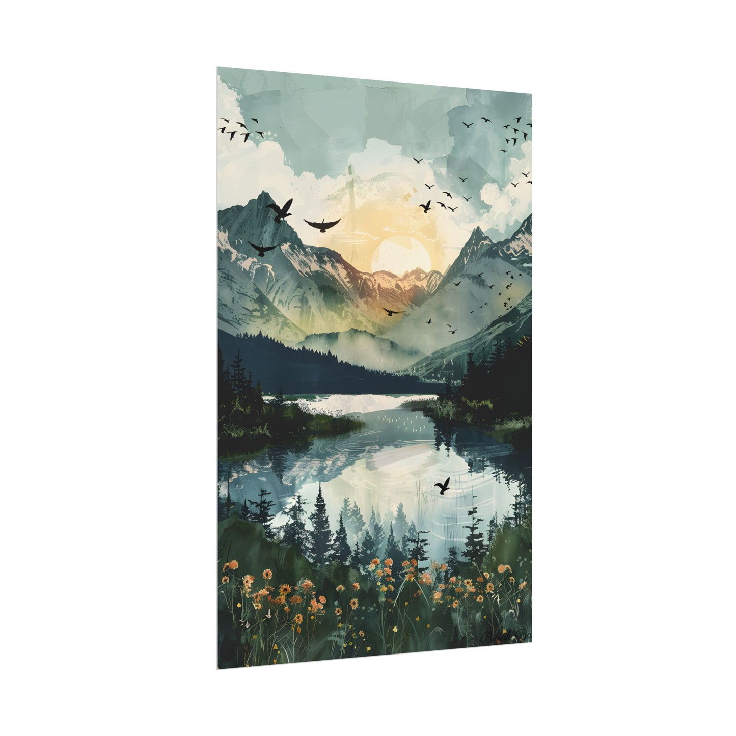 Serene Mountain Lake: Birds in Flight - Natural Art - Poster