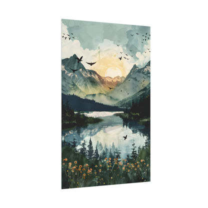 Serene Mountain Lake: Birds in Flight - Natural Art - Poster