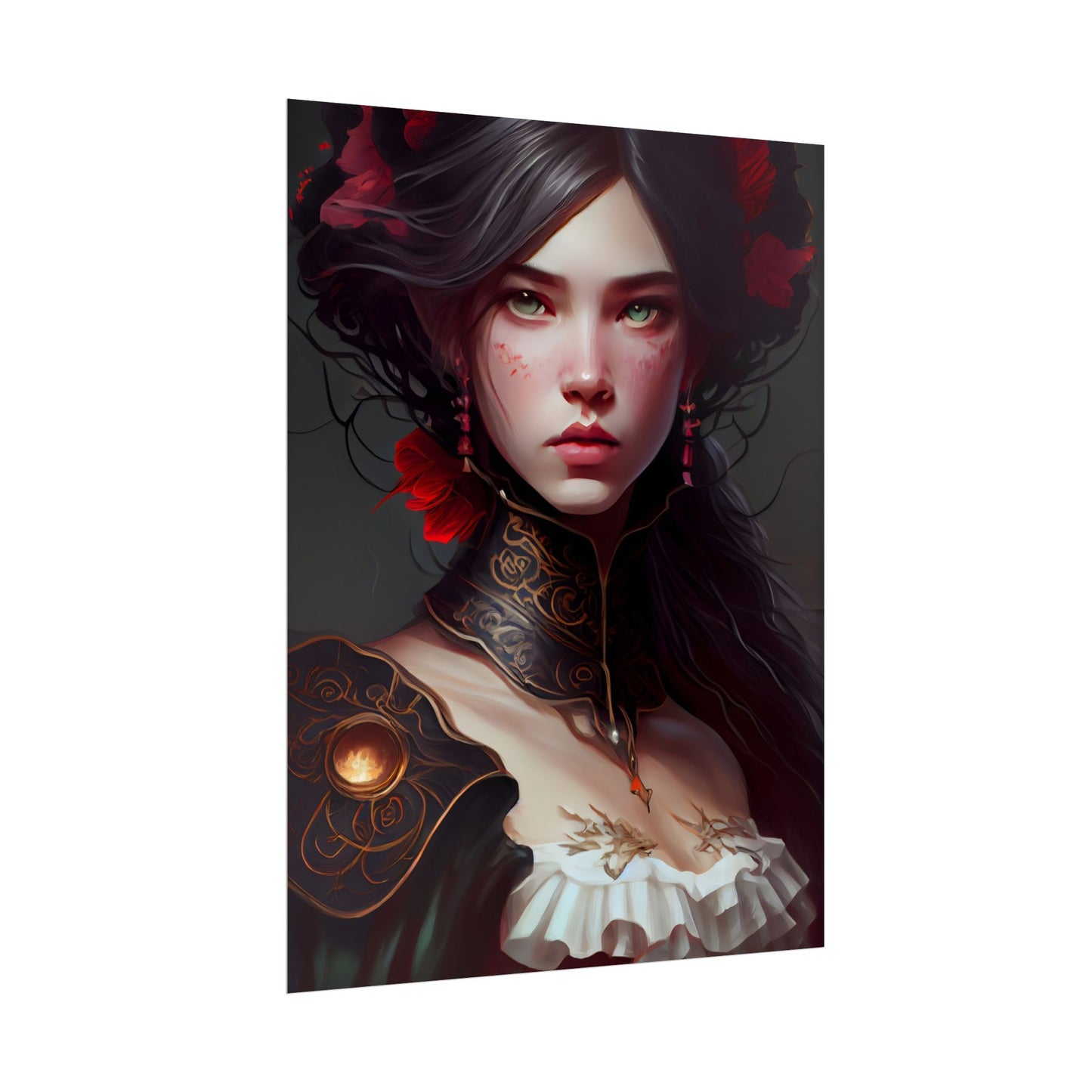 Elegant Black Hair Portrait in White Dress - Poster