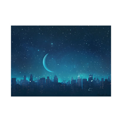 Starry Night Sky: Tranquil Dark Blue Scene with Crescent Moon - Poster