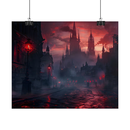 Gothic City Dusk: Pointed Arches and Misty Atmosphere - Poster