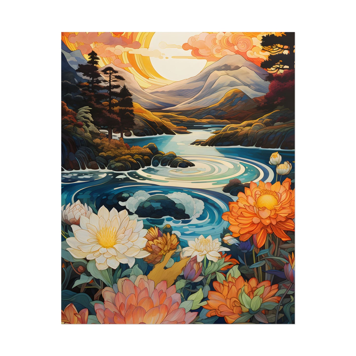 Peaceful River Landscape: Flowers Blooming - Poster