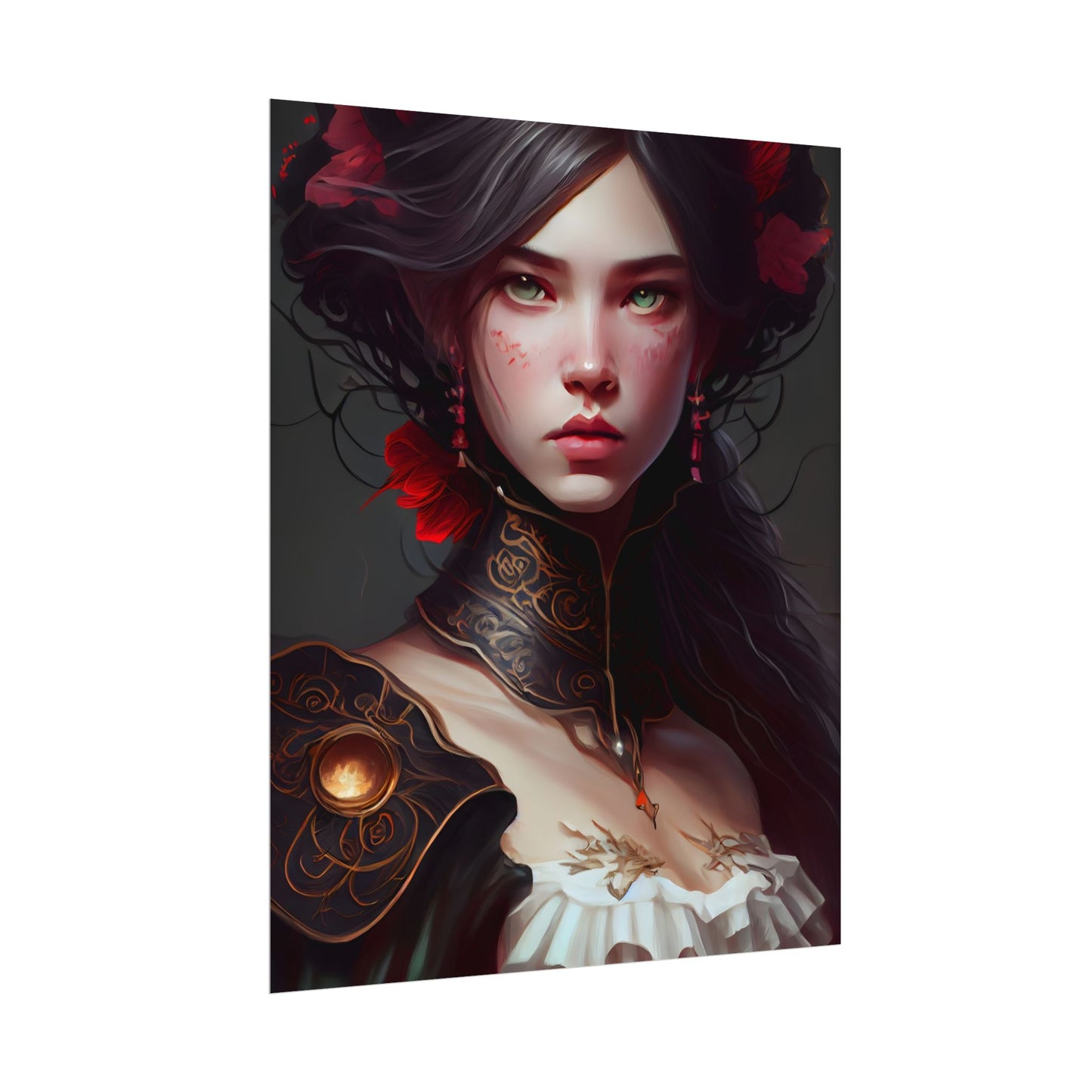 Elegant Black Hair Portrait in White Dress - Poster