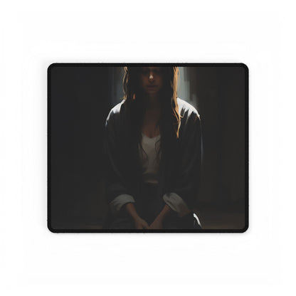 Serene Moment: Digital Artwork of a Person in Front of a Building with Trees - Desk Mat