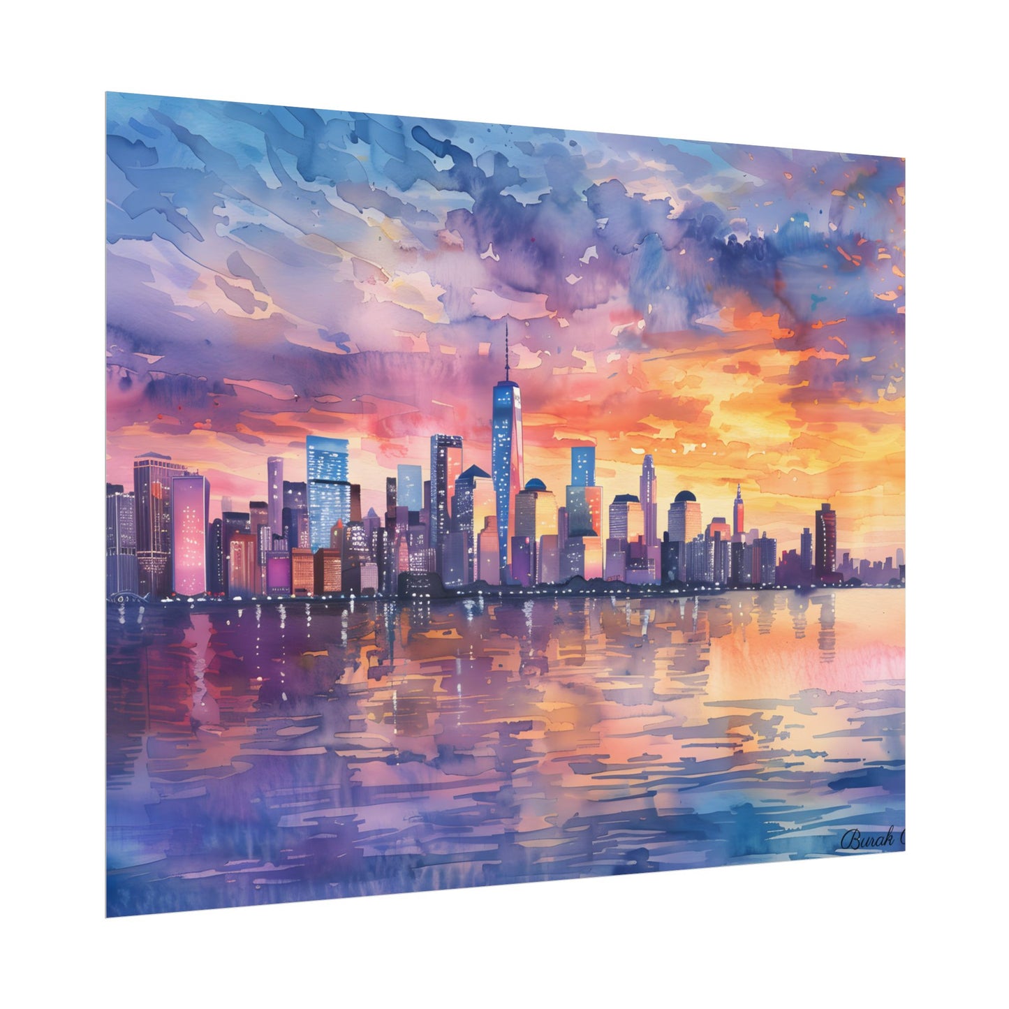 Serene NYC Sunset: Watercolor Skyline Reflections - Poster