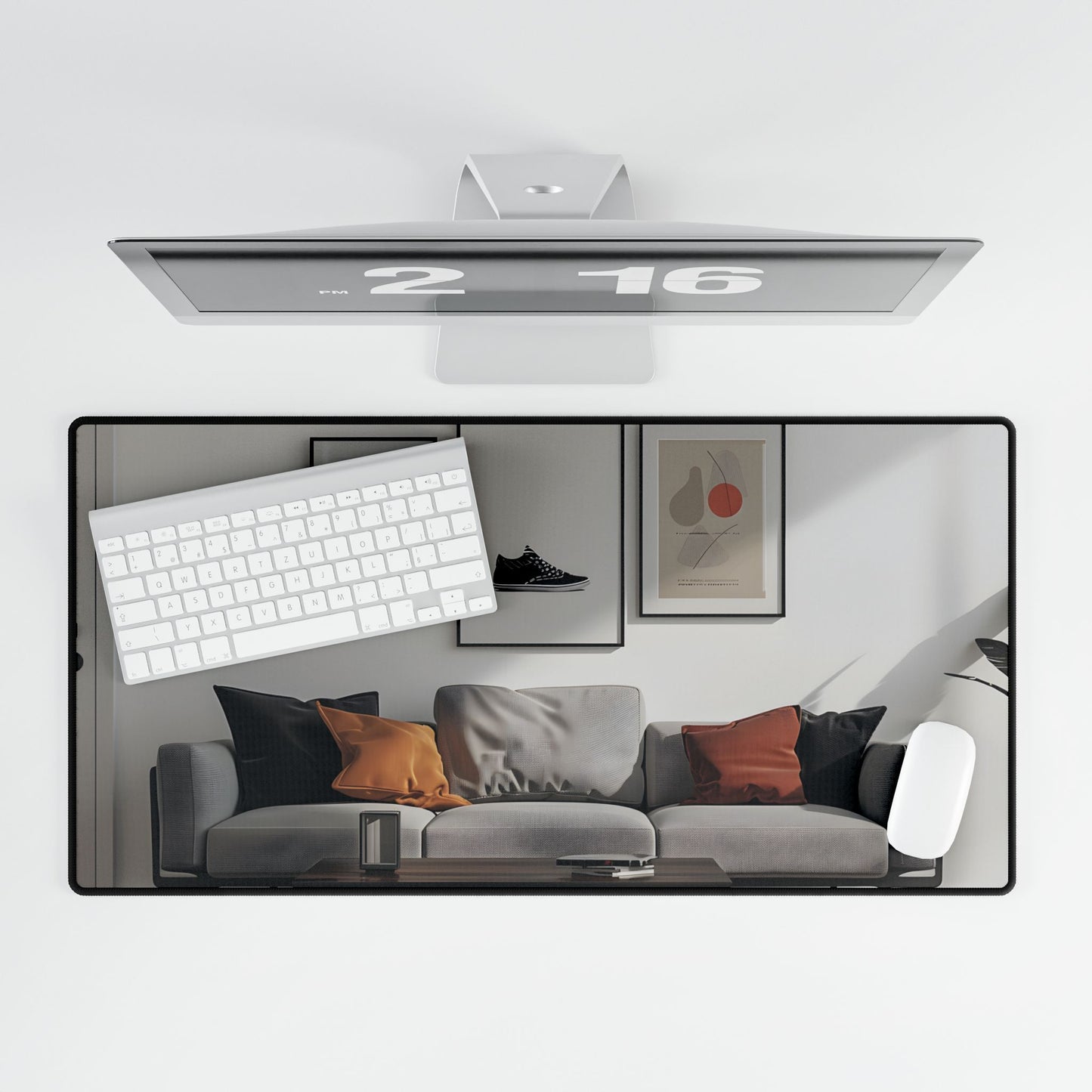 Minimalist Modern Living Room: White Couch and Dark Wood Accents - Desk Mat