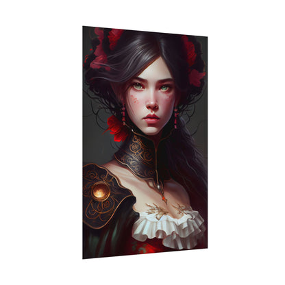 Elegant Black Hair Portrait in White Dress - Poster