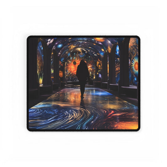 Celestial Art Gallery: Vibrant Space-Themed Artwork in a Colorful Interior - Desk Mat