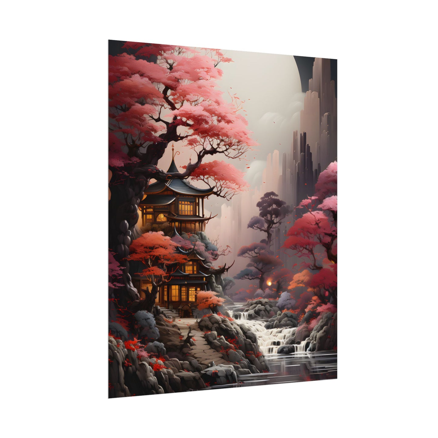 Landscape Masterpiece in Ash Magenta and Moss Green: Serene Nature Artwork - Poster