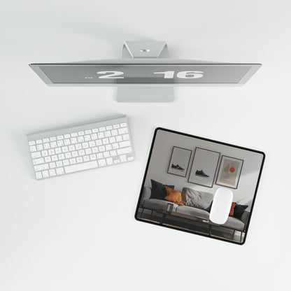 Minimalist Modern Living Room: White Couch and Dark Wood Accents - Desk Mat