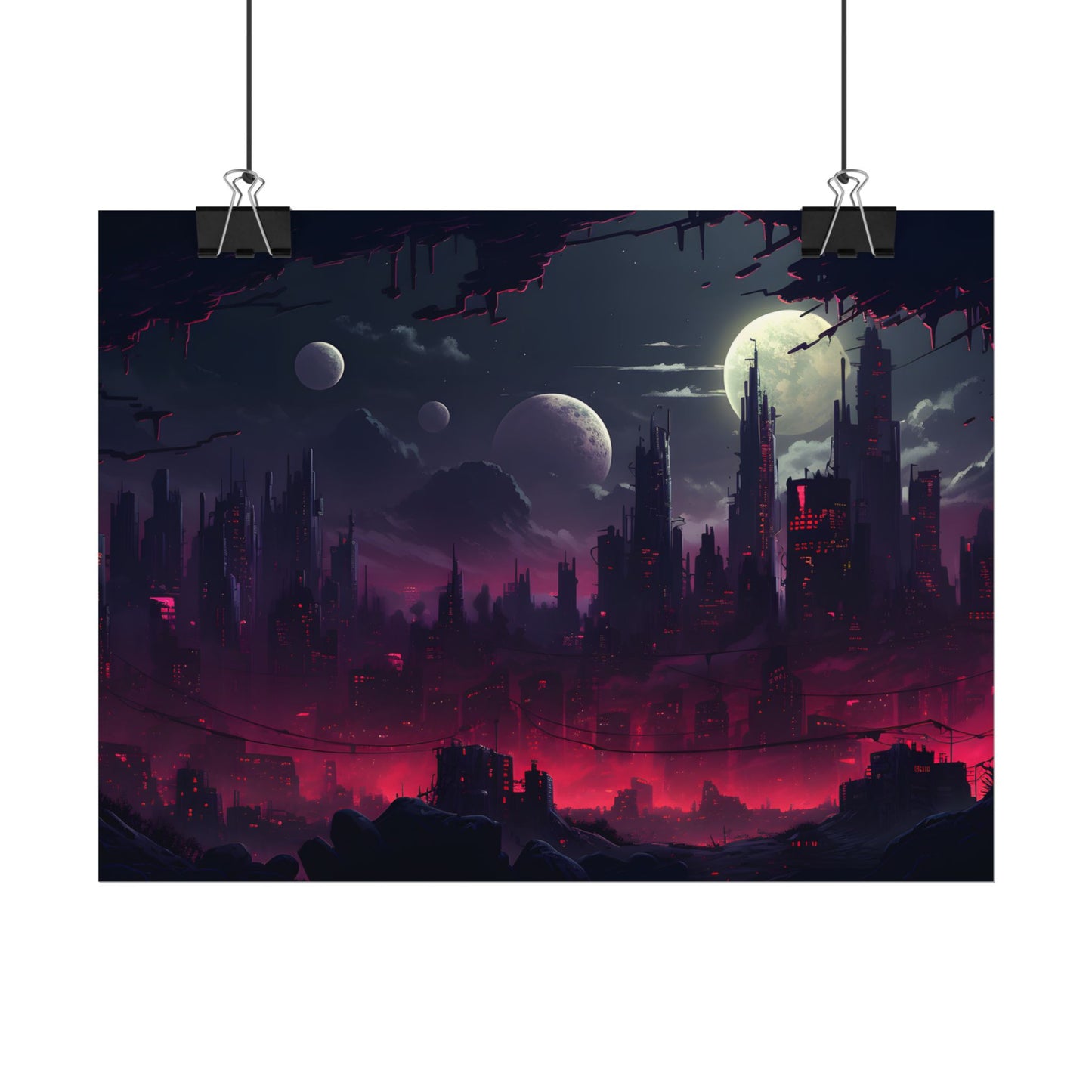 Burning Cyberpunk Cityscape at Night: Digital Art - Poster