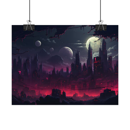 Burning Cyberpunk Cityscape at Night: Digital Art - Poster
