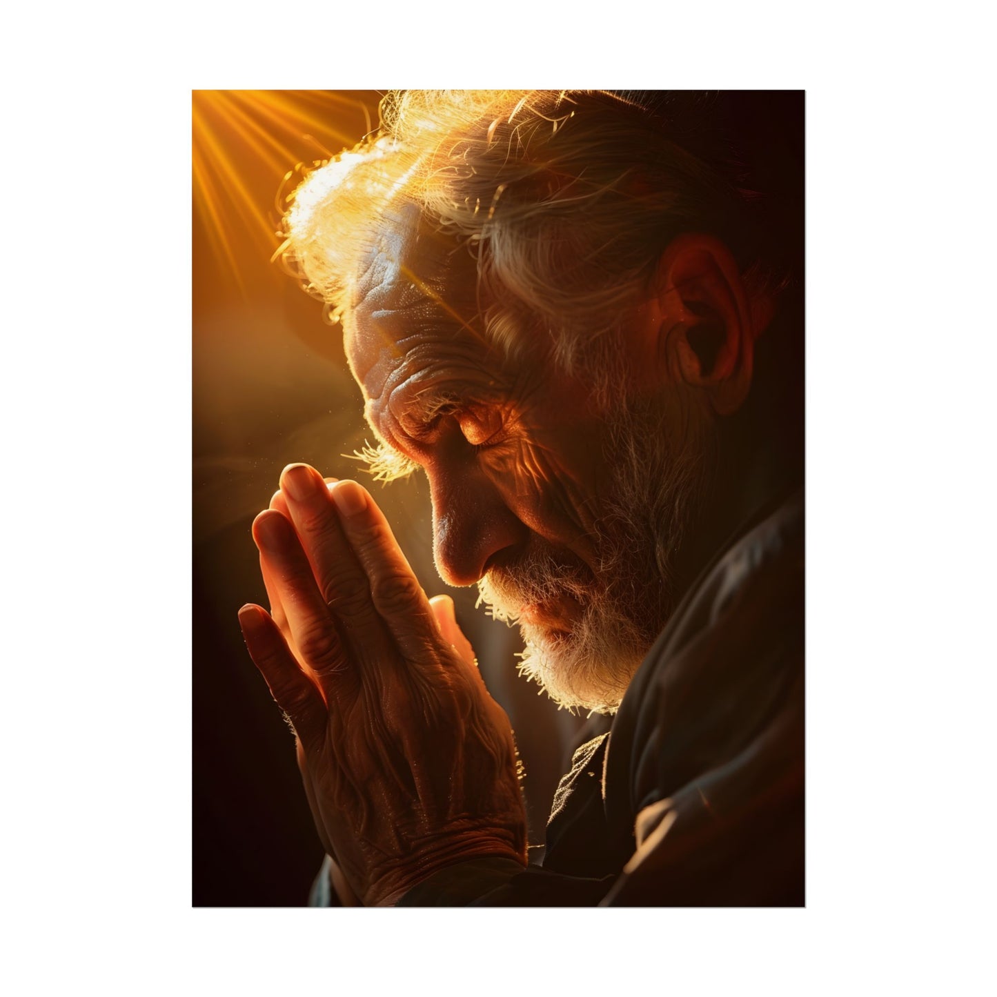 Serenity in Prayer: Elderly Man's Quiet Moment - Poster