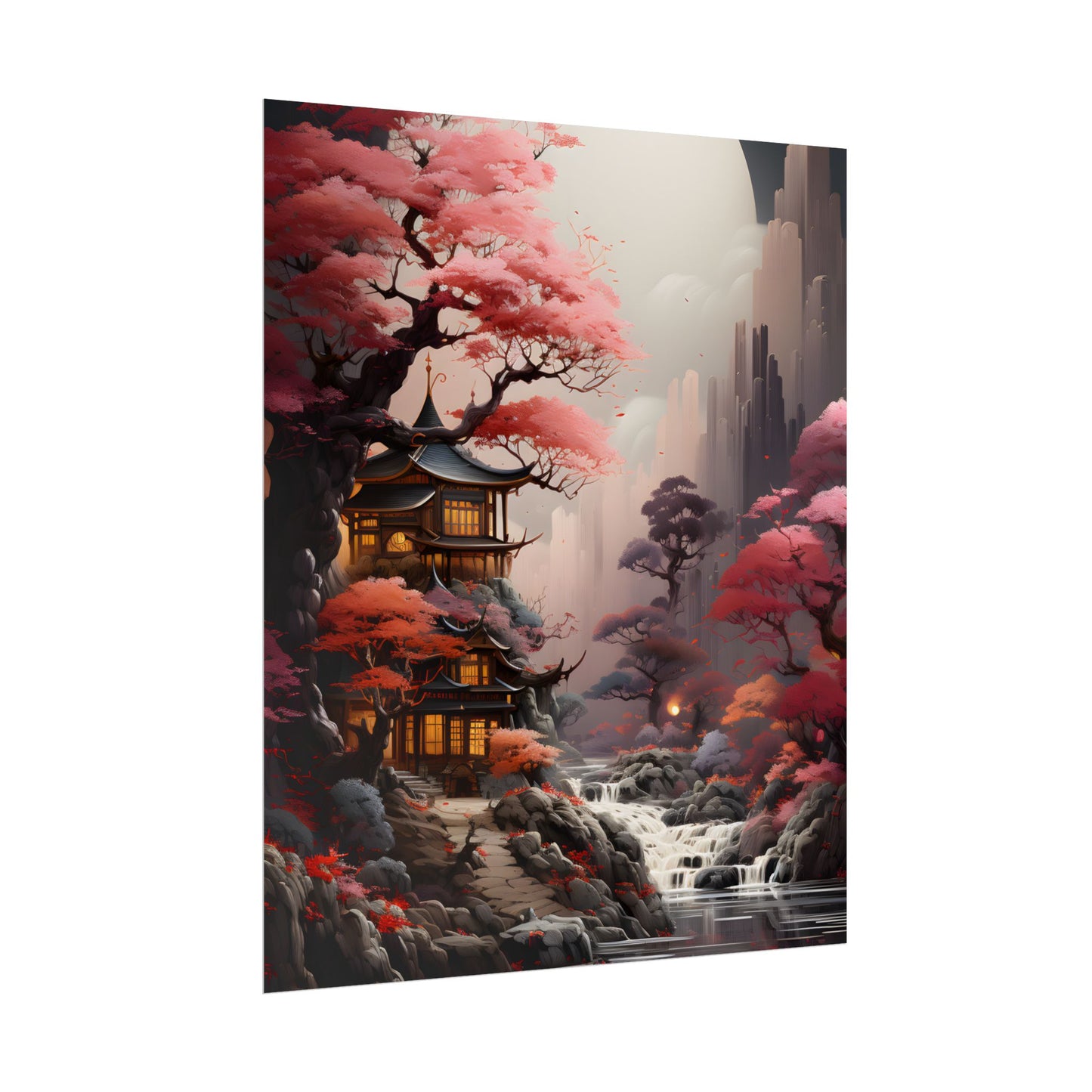Landscape Masterpiece in Ash Magenta and Moss Green: Serene Nature Artwork - Poster