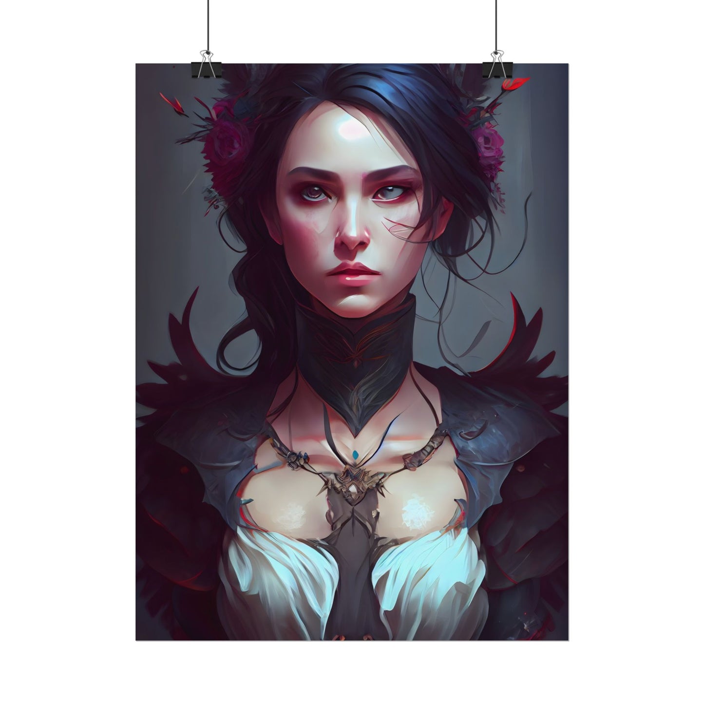 Enchanting Female Portrait: Elegant Black Dress Artwork - Poster