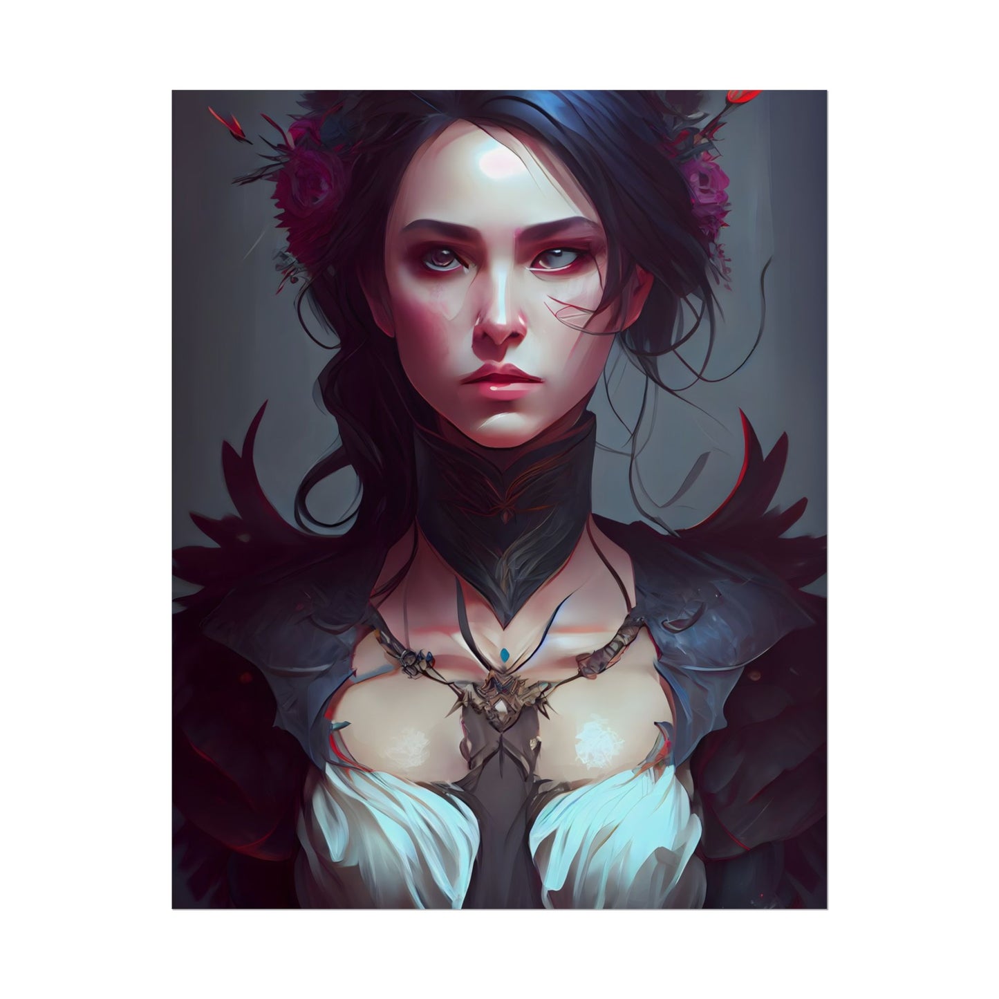 Enchanting Female Portrait: Elegant Black Dress Artwork - Poster
