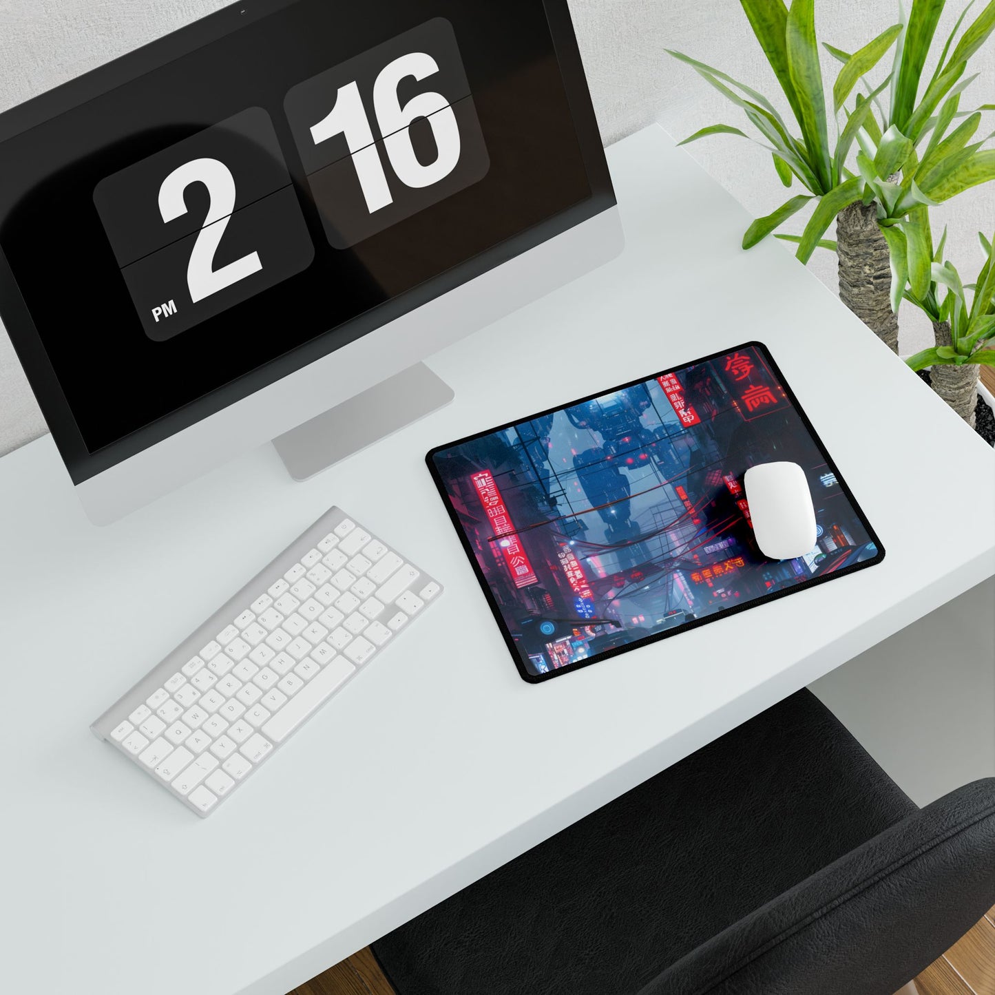 Futuristic City Pulse: Neon Lights Digital Artwork - Desk Mat