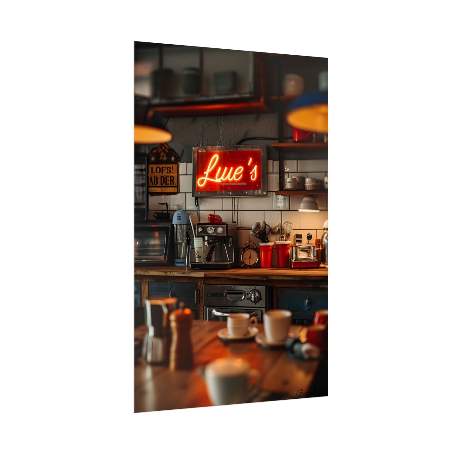 Cozy Retro Kitchen Artwork: Lukes Diner Sign Digital Art - Poster