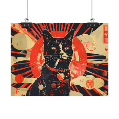 Vintage Whimsy: Cat Smokes Cigarette on Blue Background - Poster