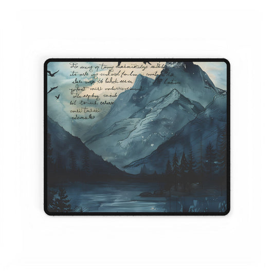 Vibrant Mountain Landscape: Birds in Flight Over Serene Lake - Desk Mat