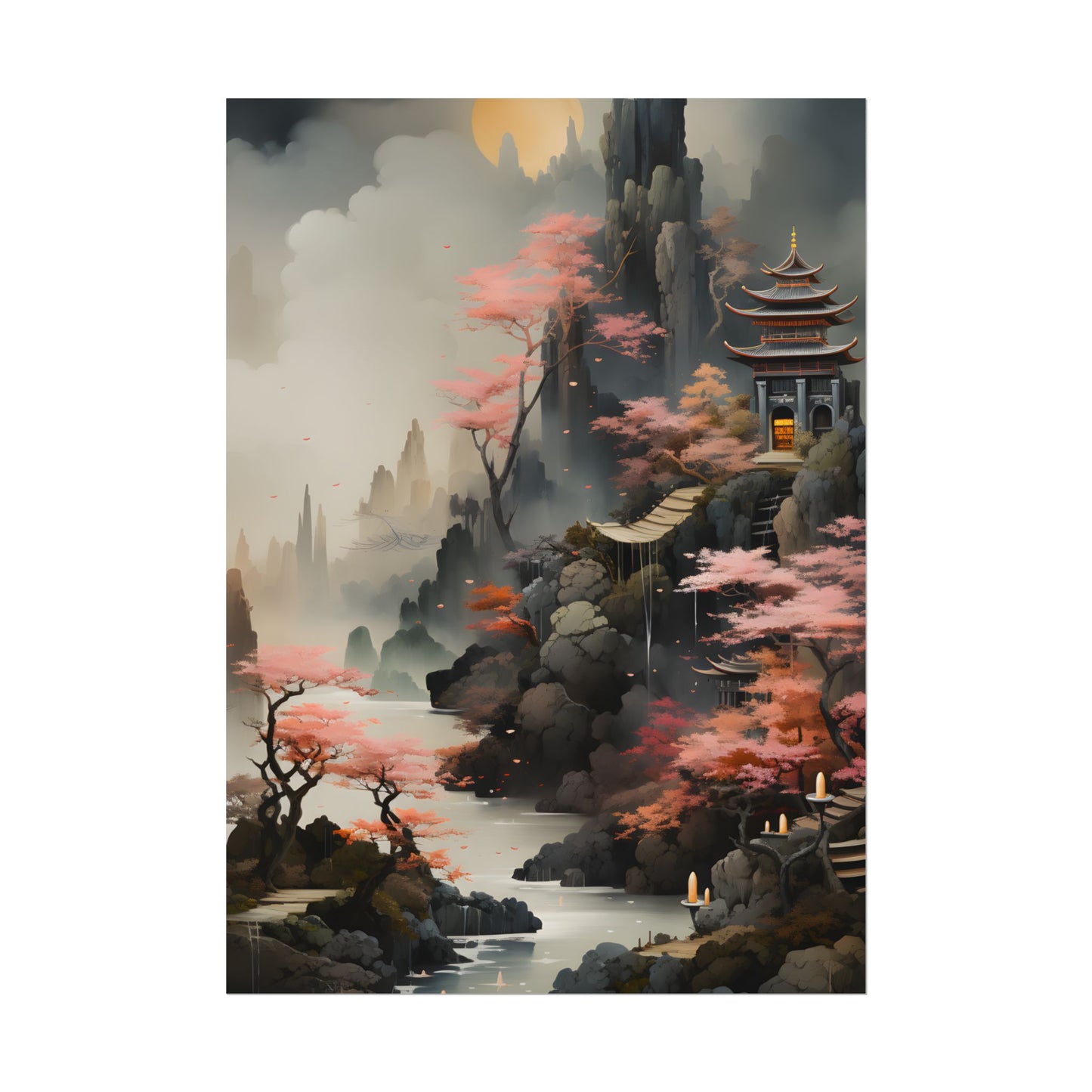 Vibrant Landscape in Moss Green: Ash Magenta Artwork - Poster