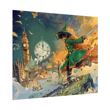 Whimsical Green Tunic Boy: Mischievous Illustration - Poster