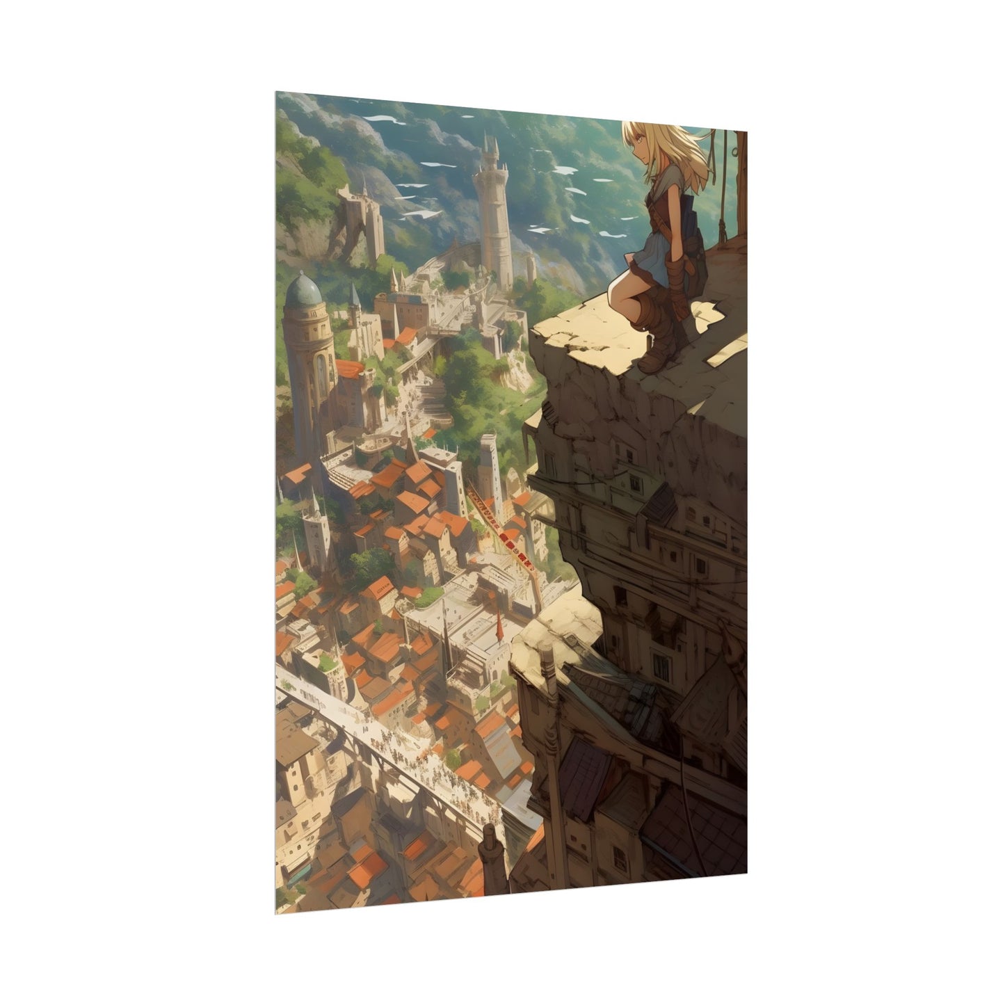 Dramatic Anime Bird's Eye View: Blonde Female in Action with Flying Birds - Poster