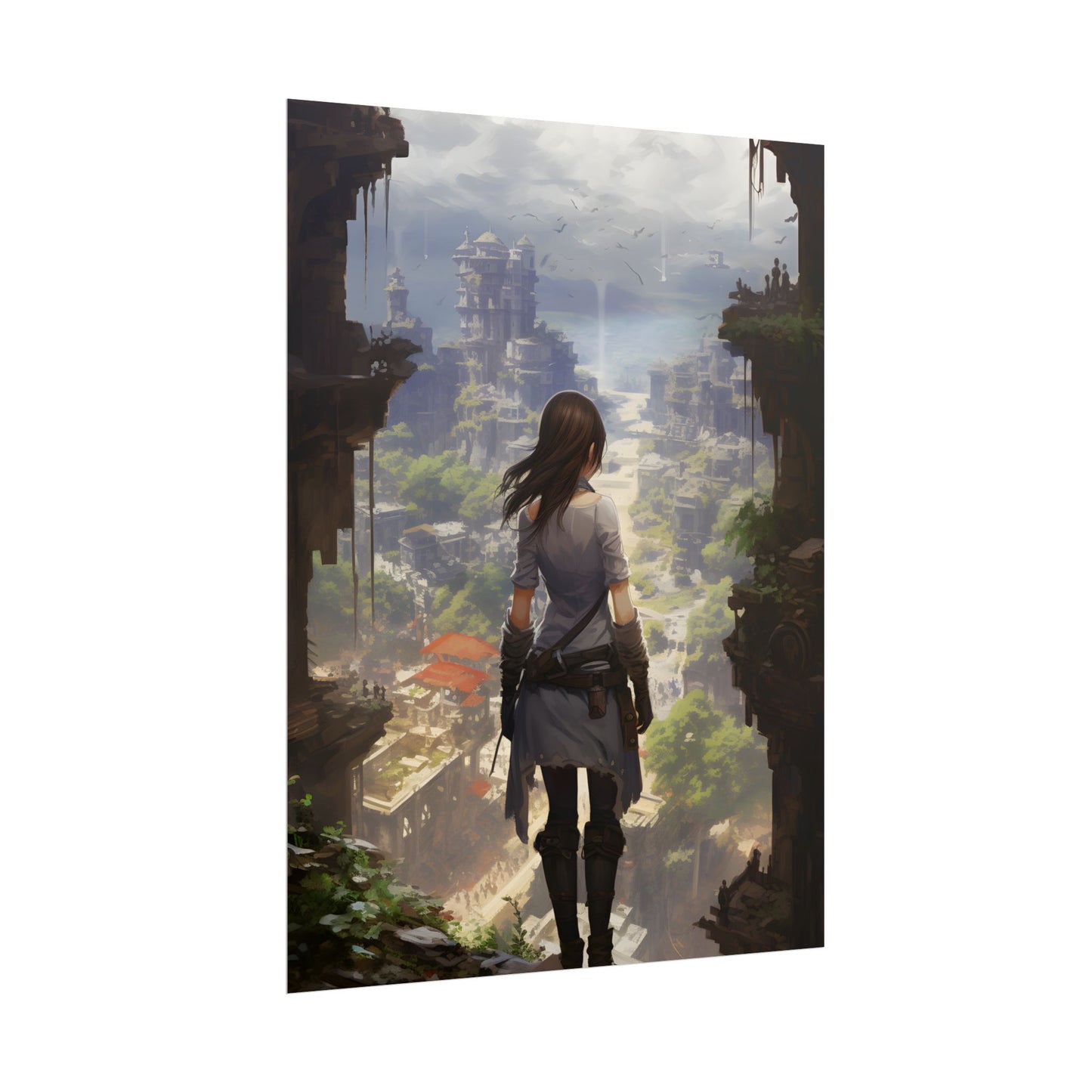 Dramatic Anime City Warrior: Bird's Eye View Digital Art - Poster
