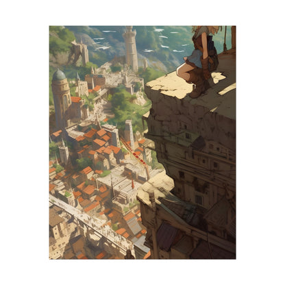 Dramatic Anime Bird's Eye View: Blonde Female in Action with Flying Birds - Poster