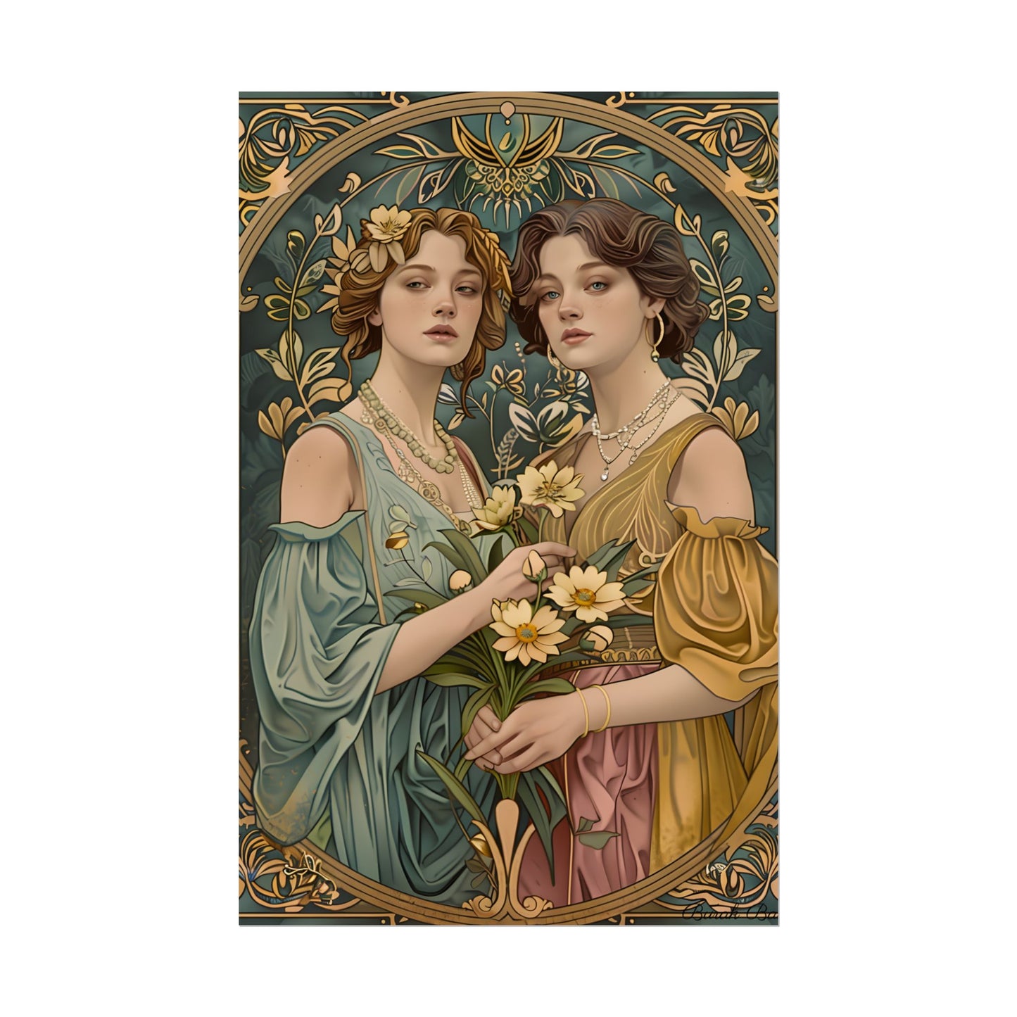 Two Women in Ornate Attire Holding Primr: Traditional Turkish Artwork - Poster
