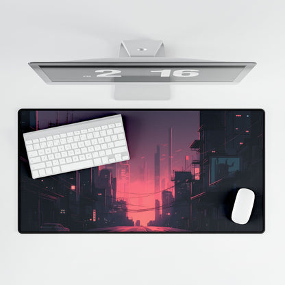 Cyberpunk Nighttime Cityscape: Melancholic Mood - Desk Mat