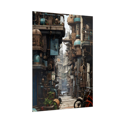Steampunk Urban Decay: Post-Apocalyptic Cityscape at Dusk - Poster