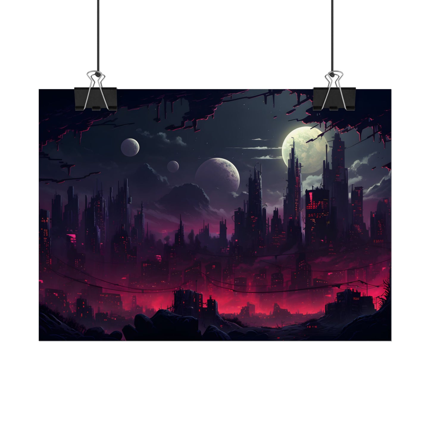 Burning Cyberpunk Cityscape at Night: Digital Art - Poster