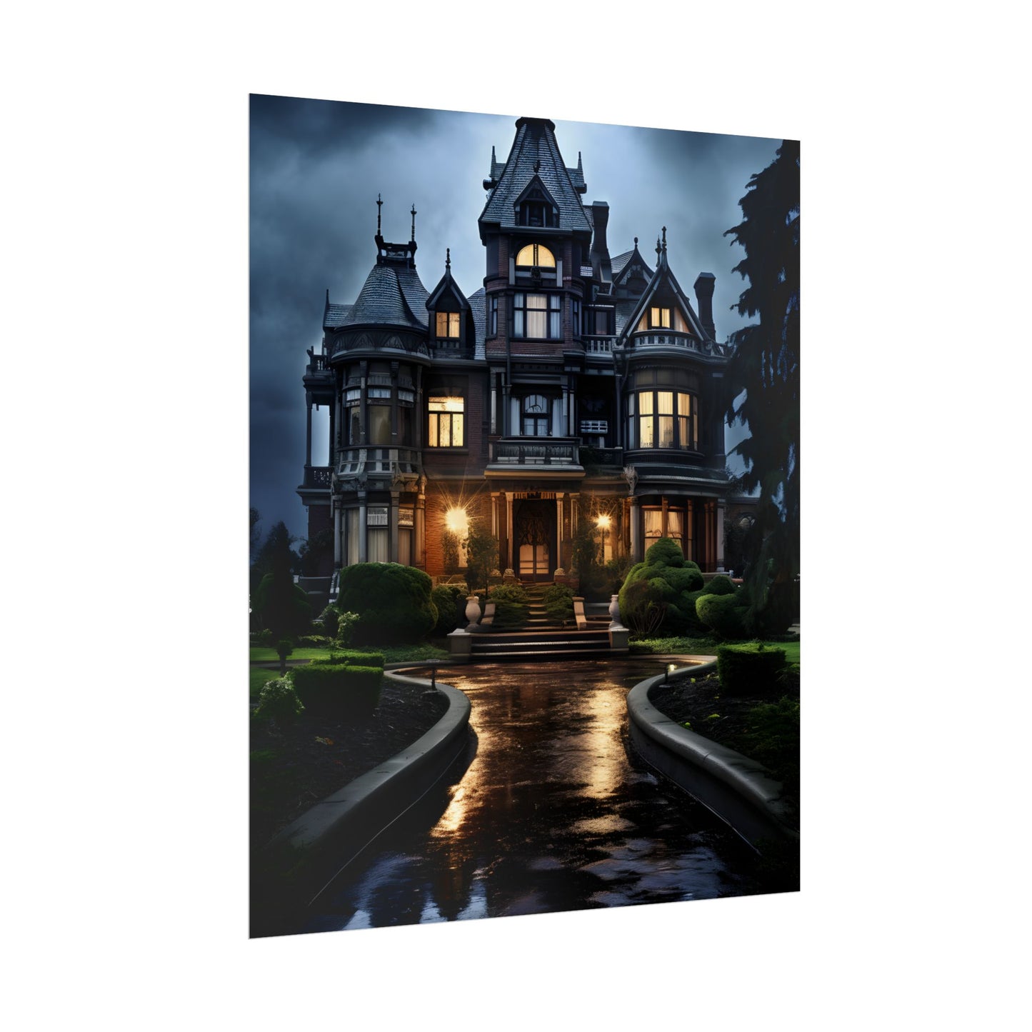 Haunted Victorian Mansion: Spooky Stormy Night Art - Poster