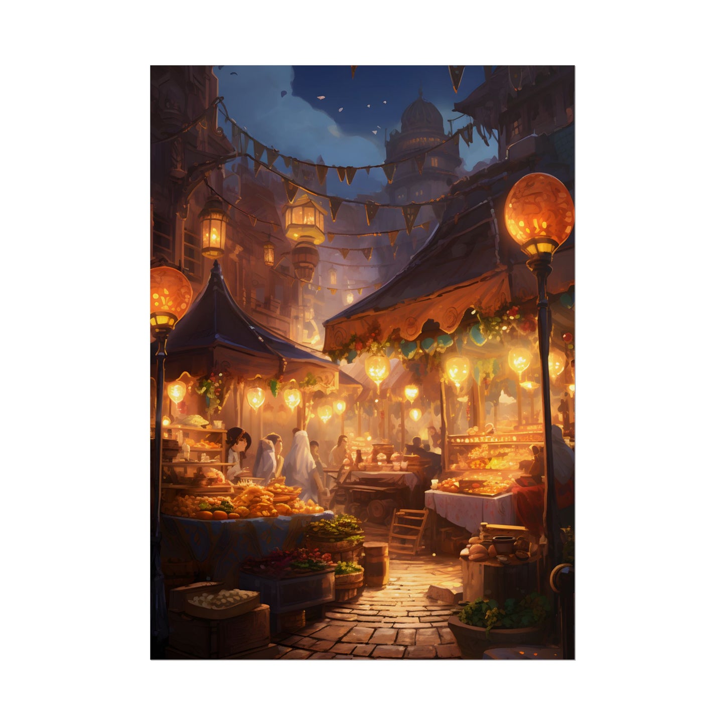 Magical Street Food Market: A Colorful Nighttime Scene - Poster