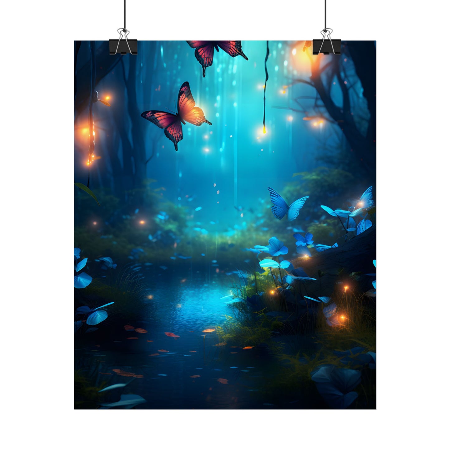 Moonlit Night Forest: Glowing Foggy Fantasy Bokeh Art - Poster