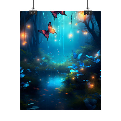 Moonlit Night Forest: Glowing Foggy Fantasy Bokeh Art - Poster