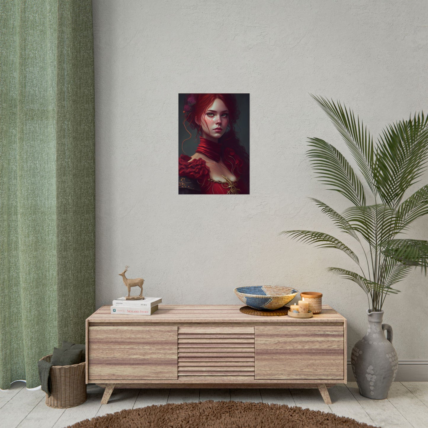 Vibrant Redhead Portrait: Female Artwork in Red Dress - Poster